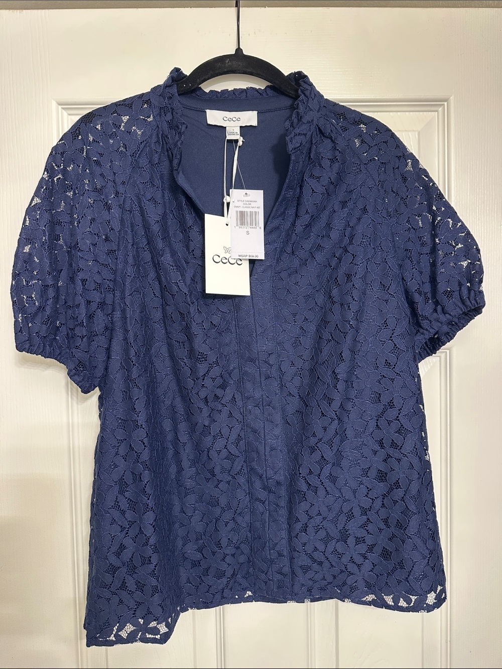 CeCe Navy Lace Short Sleeve Button-Front Blouse